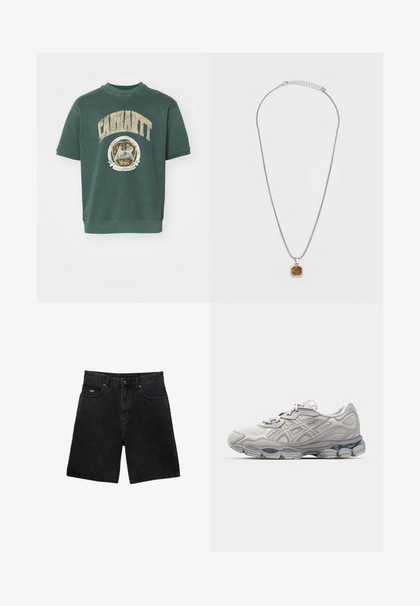 Groene katoenen blend sweatshirt met korte mouwen, voorzien van een groot Carhartt-logo en een cirkelvormig grafisch embleem op de voorkant. Zacht, gestructureerd stof.; Zwarte denim shorts met een rechte snit, vijf zakken, een metalen knoopsluiting en een subtiel merkembleem op de voorzak.; Grijze sportieve schoen met een bovenwerk van mesh en synthetische overlays, voorzien van een gevoerde zool en textuurelementen aan de zijkanten.; Zilveren ketting met een octagonale bruine stenen hanger, gladde textuur en een eenvoudig sluitingontwerp.