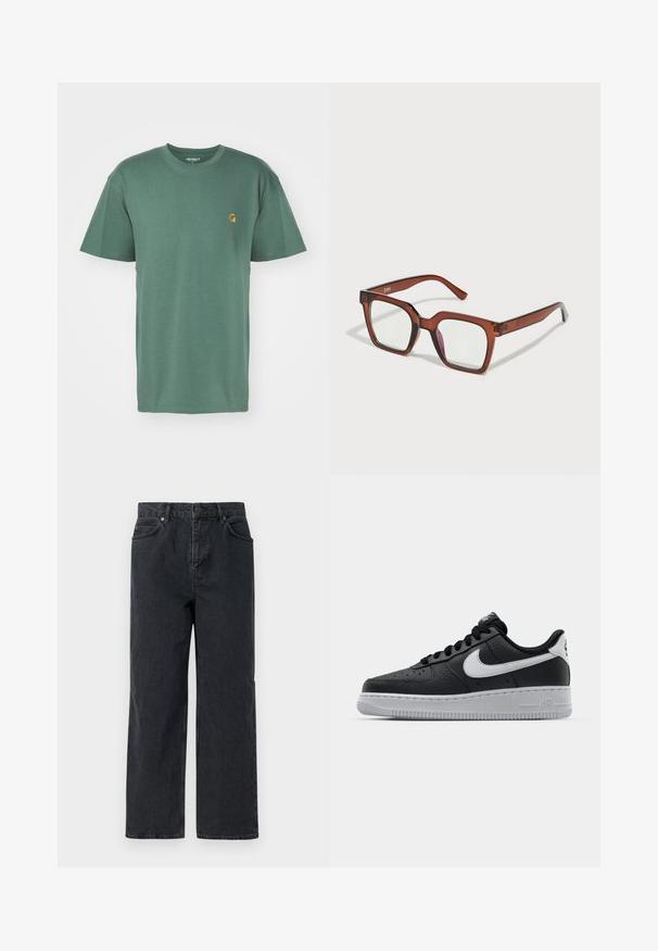Carhartt WIP CHASE - Basic póló - duck green/gold; Sötétkék farmernadrág széles lábakkal, öt zsebes kialakítással és gombos záródással. Rézszínű kiegészítők és finom textúra jellemzi.; Fekete bőr edzőcipő mintás felülettel, fehér Nike logóval, szürke talppal, kerek orral és fűzős dizájnnal. Az orr részen perforációk találhatóak.; Barna, túlméretes, téglalap alakú szemüveg, átlátszó lencsékkel, a jobb lencsén enyhe rózsaszín árnyalattal. Műanyag keret sima felülettel.