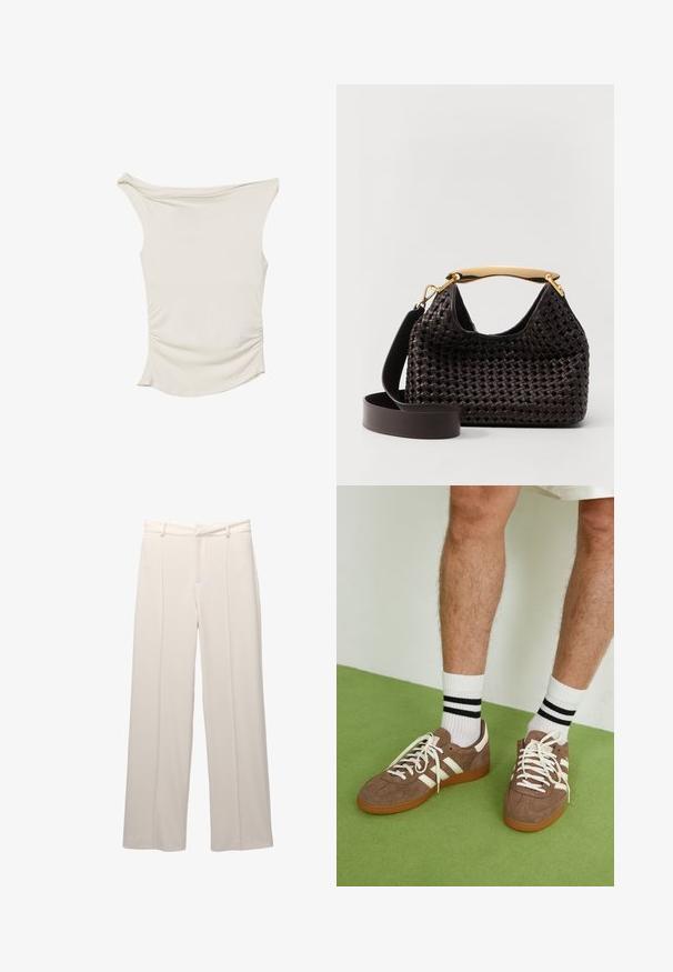 Bluzka w kolorze kremowym, wykonana z gładkiego materiału, z dekoltem typu off-shoulder, marszczeniami po bokach oraz zaokrąglonym dołem.; Szerokie spodnie w jasnobeżowym materiale o gładkiej teksturze. Posiadają dopasowany pas, zaszewki z przodu i brak widocznych kieszeni.; Brązowe zamszowe sneakersy z białymi akcentami i sznurówkami. Gumowa, brązowa podeszwa. Noszone z białymi skarpetkami w czarne paski. Zielona teksturowana podłoga.; Elleme - Torebka