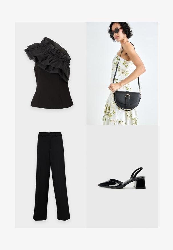 Zwart mouwloos top met een gerimpelde, gelaagde halslijn. Het materiaal heeft een gladde textuur en het ontwerp is aansluitend met een peplumvorm.; Zwarte wijde broek gemaakt van gladde stof, met een klassieke tailleband met een knoopsluiting en voorplooien.; Zwarte gepatineerde leren slingback hakken met een spitse neus en een geometrische blokhak. Kenmerkt zich door een slank, minimalistisch ontwerp en een gladde textuur.; Zwarte leren handtas met een gebogen vorm, afneembare schouderband en gouden hardware. De tas heeft een klep met een gespsluiting.