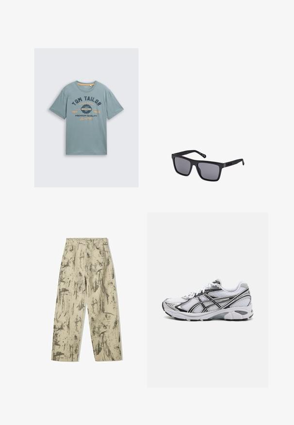 Vaaleansininen puuvillainen t-paita, jossa on lyhyet hihat. Sisältää tummansiniharmaata ja oranssia graafista tekstiä: "TOM TAILOR" ja "PREMIUM QUALITY." Yksinkertainen pyöreä kaula-aukko.; Bershka BAGGY PRINTED - Loose fit -farkut - evergreen; Valkoinen urheilusandaali, jossa on verkkomateriaali päällinen, mustat yksityiskohdat ja hopeiset yksityiskohdat. Varustettu pehmustetulla pohjalla ja nauhatekniikalla tuen tarjoamiseksi.; Mustat suorakulmaiset aurinkolasit tummilla linsseillä, matta viimeistelyllä ja logoyksityiskohdalla temppelissä. Suunnittelussa on suorat reunat ja paksut kehykset.