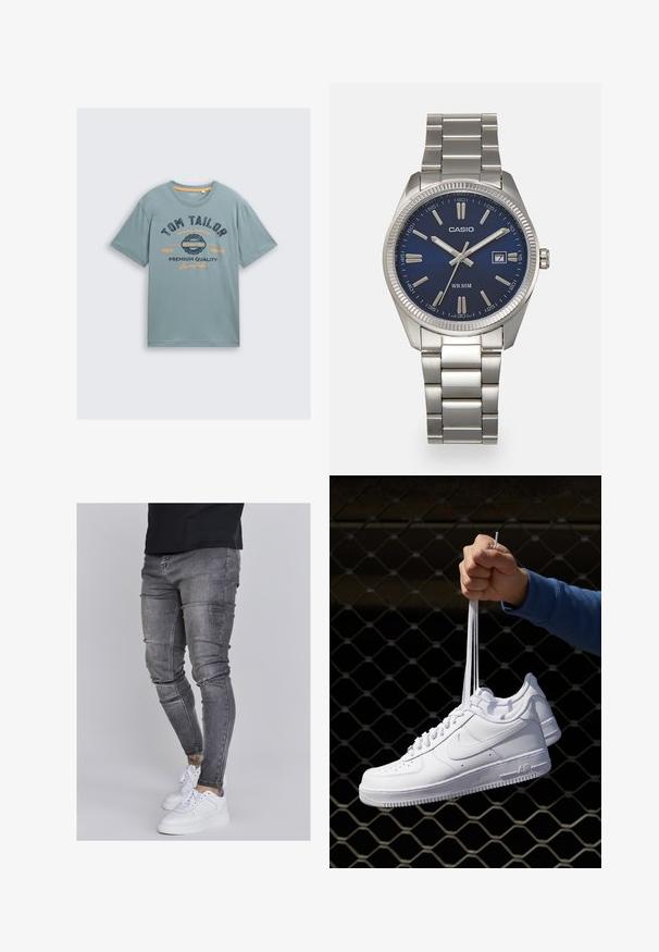 Gaiši zils kokvilnas T-krekls ar īsām piedurknēm. Ar tumši zilu un oranžu grafiku ar tekstu: "TOM TAILOR" un "PREMIUM QUALITY". Vienkārša apaļa kakla izgriezuma forma.; Tievās džinsās bālganā pelēkā denimā, kas izceļas ar nolietotām detaļām pie ceļgaliem, apvienotas ar baltām kedām. Gluda tekstūra, šaurs piegriezums.; Baltas ādas sporta apavi ar perforācijām, apaļu purngali, plakanu zoli un biezām šņorēm, ar redzamu swoosh logo un vārdu "AIR" uz papēža.; Sudraba nerūsējošā tērauda rokas pulkstenis ar tumši zilu ciparnīcu, metalizētiem stundu rādītājiem un datuma logu pie pulksten 3. Ūdensizturīgs līdz 50 metriem.
