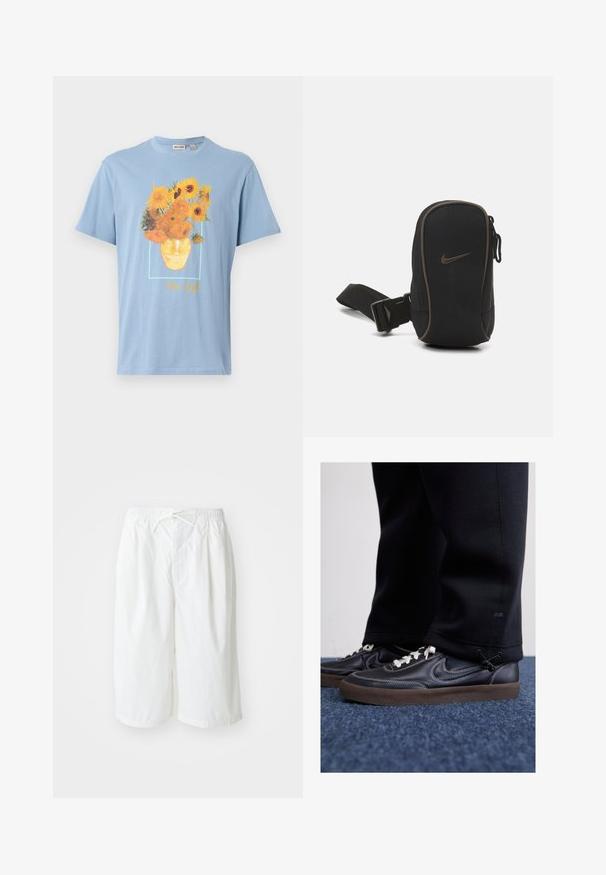 Ανοιχτό μπλε βαμβακερό T-shirt με έντονο σχέδιο ηλιοτροπίου σε διάφορα χρώματα, με το "Van Gogh" τυπωμένο σε χρυσό κάτω από το γραφικό.; Λευκές σορτς με ελαστική μέση και κορδόνι, παρουσιασμένες σε απλό φωτεινό φόντο. Κατάλληλες για casual ή ζεστό καιρό.; Nike Sportswear KILLSHOT 2 LTR PRM OPP2 - Αθλητικά παπούτσια - black sail baroque brown mtlc dk grey; Μαύρος σάκος Nike με φερμουάρ, υφασμάτινη υφή, καφέ λεπτομέρειες και αποσπώμενο λουράκι. Διαθέτει το χαρακτηριστικό λογότυπο της Nike μπροστά.