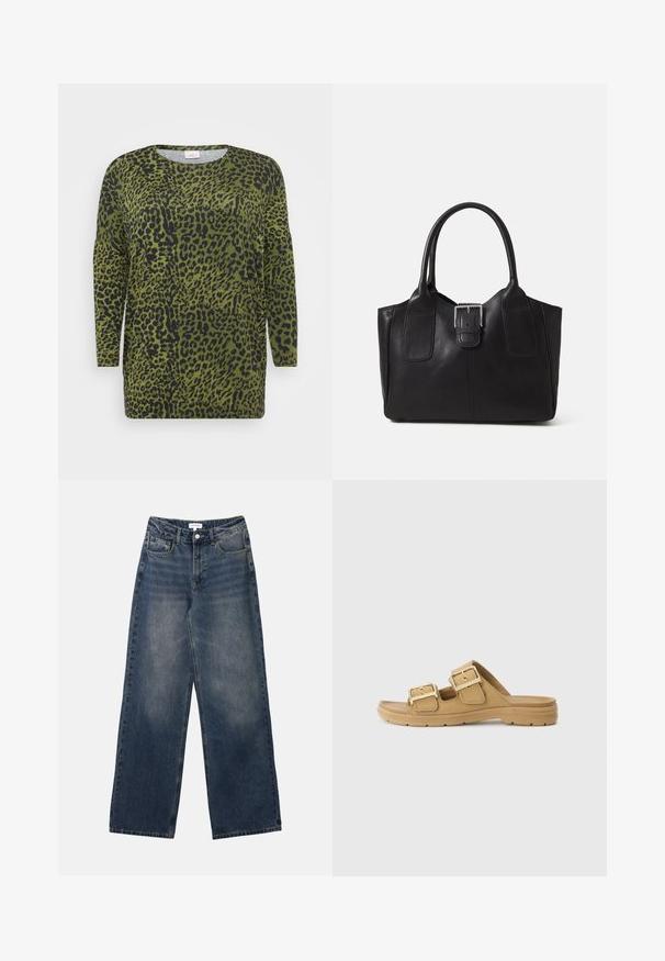 Blusa de leopardo com manga longa, fundo verde e manchas pretas. Gola redonda e textura de tecido suave com um corte descontraído.; Jeans de denim azul de cintura alta para homens, com pernas largas, fecho frontal com botão e zip, e bolsos frontais e traseiros.; Sandálias de slide em tom bege com duas fivelas douradas, tiras texturizadas e um pé moldado. Sola plana em borracha com padrões de aderência para estabilidade.; Bolsa tote de couro preta com textura suave, forma estruturada, duas alças e um destaque prateado proeminente na parte da frente.