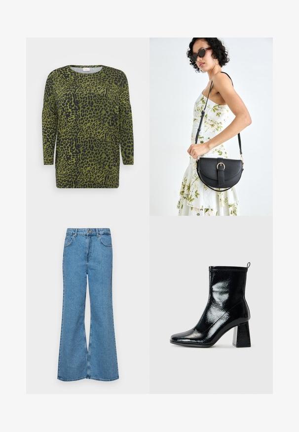 Leopard-print top with long sleeves, green background, and black spots. Crew neck and soft fabric texture with a relaxed fit.; Light blue flared jeans made of denim, featuring a high waist, five pockets, and a single button closure. Soft texture with faded finish.; Black patent ankle boot with a square toe and chunky geometric heel. Features a smooth, shiny texture and a rear pull tab for easy wear.; Black leather handbag with a curved shape, detachable strap, and gold hardware. The bag features a flap with a buckle detail.