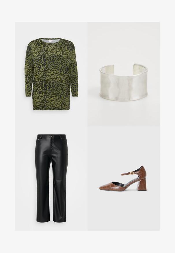 Blusa de leopardo com manga longa, fundo verde e manchas pretas. Gola redonda e textura de tecido suave com um corte descontraído.; Calças de imitação de pele pretas com corte retificado, apresentando passantes para cinto, bolsos frontais e um fecho com zíper e botão. Textura suave.; Sapato de salto em couro patente castanho com bico quadrado, padrão textura crocodilo, tiras no tornozelo com fivela dourada e salto grosso.; Zign Pulseira - silver-coloured