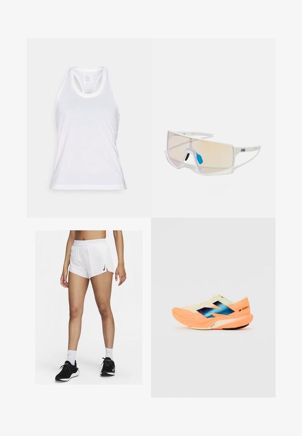 Hvit atletisk tank topp laget av pustende stoff, med rund halslinning og racerback-design med teksturert søm i kanten.; Hvite atletisk shorts med ribbet linning, sidespalter og en svart Nike-logo. Brukes med svarte joggesko og hvite ankelsokker.; Løpesko med en lett kremfarget overdel, blå merkevare og oransje detaljer på sålen. Nettverksstruktur for pusteevne.; Hvitinnrammede solbriller med store gradientlinser som har en rosa til lys oransje nyanse, aksentuert av en blå nesebro og logodetalj.