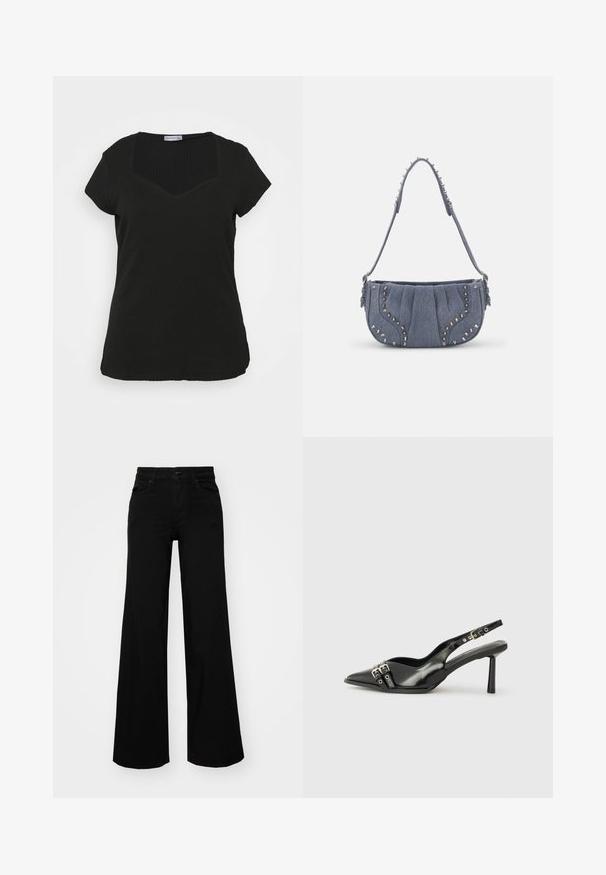 Melna ribota T-krekla ar kvadrātveida izgriezumu, īsām piedurknēm un pieguļošu siluetu. Gluda auduma tekstūra un bezšuvju apakšmala.; Melni plaša kāju bikses, izgatavotas no džinsa, ar strukturētu jostu, jostu cilpiņām un priekšējām kabatām. Gluda tekstūra ar klasisku dizainu.; Melnā patentēta ādas sandale ar norādītu purngalu, potītes siksniņām ar sudraba sprādzēm un aparatūru, kā arī smalku papēdi.; Denim plecu soma ar krokotas dizainu, zilas krāsas, ar sudraba kniedēm gar malām un teksturētu siksnu.