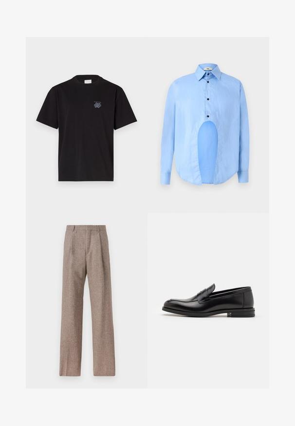 Fekete pamut póló kerek nyakkal és rövid ujjakkal. Bal mellen egy kis kék logó található. Egyszerű, egyenes szabású dizájn.; Világoskék, hosszú ujjú ing, hegyes gallérral, fekete gombokkal, és egyedi kivágással elöl, amely különleges dizájnt kölcsönöz.; Barna, magas derekú nadrág texturált anyagból. Széles szárai és két elülső redője biztosítja a struktúrát. Ízléses kivitel, látható fémszerelés nélkül.; Fekete bőr loaferek sima textúrával, kerek orral és dekoratív pánttal a vampnál. Alacsony, rétegelt sarkú, minimalista dizájn.