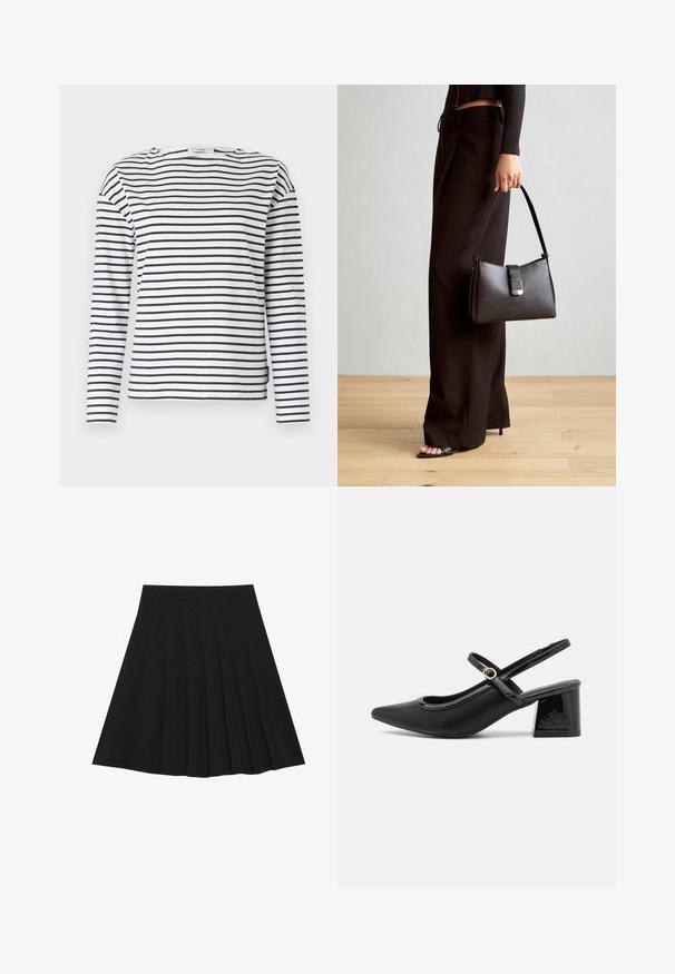 Balta ilga rankovė marškiniai su tamsiai mėlynomis horizontaliomis juostelėmis. Savinasi apvalų iškirpimą ir tiesų kraštą. Pagaminta iš lengvo medvilnės audinio.; Juoda plisėta sijonas, pagamintas iš tekstūruotos medžiagos su prigludusia juosmens juosta. Siekia kelių ilgį, turi sklandžią, švarią siluetą.; Juodi patentinio odos slingback aukštakulniai su smailiu pirštu, apvaliu išpjovimu ir blokiniu kulnu. Papuošti auksiniu juostos akcentu.; Juodas rankinė struktūrizuota forma, lygi tekstūra ir metalinis užsegimas. Suporuota su plačiomis juodomis kelnėmis ir atvirais bateliais ant medinių grindų.