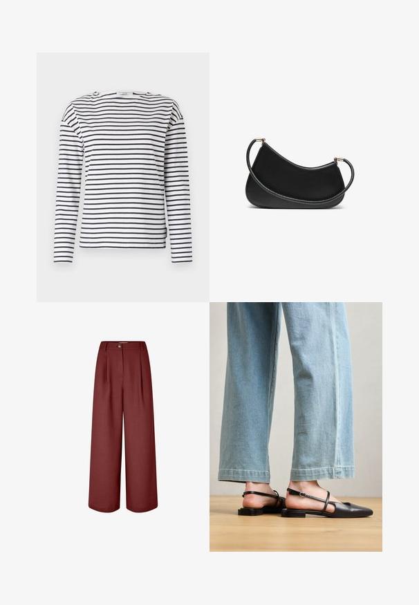 Bílá dlouhá košile s navy modrými horizontálními pruhy. Disponuje zaobleným výstřihem a rovnem lemem. Vyrobena z lehkého bavlněného materiálu.; Kalhoty s širokými nohavicemi v bohaté burgundské barvě, vyrobené z hladké látky. Mají pasový lem, přední sklady a jednobodové zapínání.; Černé kožené boty na klínku s špičatou špičkou, plochým podpatkem a páskem kolem kotníku; nošeny s světle modrými širokými kalhotami.; Černá kožená kabelka přes rameno s zakřiveným designem, se strukturovaným popruhem a zlatým kováním na horním uzávěru. Hladký povrch.; Sada náušnic ve zlatém tónu s různými designy, včetně pecek, kruhů a visacích kousků s perlami a rhinestony.