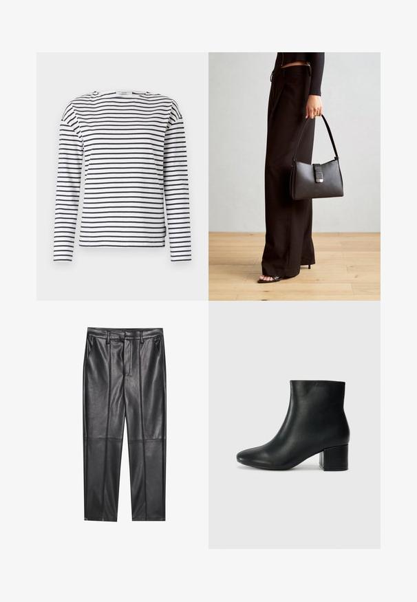Bela dolgo rokavna srajca z mornarsko modrimi horizontalnimi črtami. Ima okroglo ovratnico in ravno spodnje rob. Narejena je iz lahkega bombažnega materiala.; Črne usnjene hlače z gladko teksturo, z ravnim krojem, dvema sprednjima žeparjema in vidnimi šivi.; Črne usnjene gležnjarje s koničastim nosom in debelim peto. Gladka tekstura z minimalnimi detajli in eleganten, prilegajoč dizajn.; Črna torbica z strukturirano obliko, gladko teksturo in kovinskim zaponko. Ujemajo se z širokimi črnimi hlačami in odprtimi sandali na lesenem tleh.