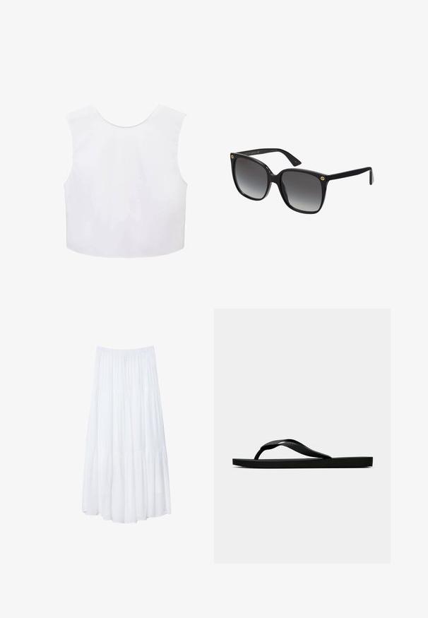 Witte mouwloze cropped top met een ronde halslijn, zachte stof en een eenvoudig design. Geen zichtbare patronen of hardwaredetails.; Witte, gelaagde maxi-rok van lichtgewicht stof. Voorzien van een elastische tailleband en een vloeiende ontwerp met een zachte, subtiele textuur.; Zwarte rubberen flip-flop sandaal met een getextureerde strap en een eenvoudige platte zool, zijaanzicht op een effen lichte achtergrond.; Zwarte oversized zonnebril met gradient lenzen, dikke plastic montuur en gouden logoaccenten op de slapen. Hoekig ontwerp en glanzende afwerking.