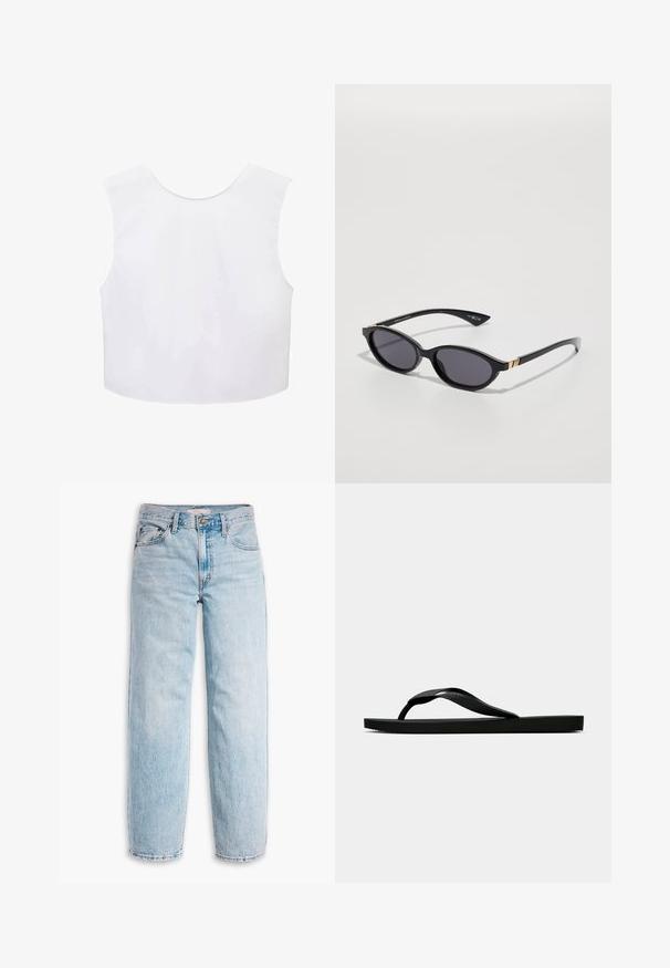 White sleeveless crop top with a round neckline, smooth fabric, and simple design. No visible patterns or hardware details.; Levi's® BAGGY DAD - Relaxed fit jeans - fan flare; Black rubber flip-flop sandal with a textured thong strap and simple flat sole, shown from side on a plain light background.; Black sunglasses with oval lenses, dark gradient tint, and slim arms featuring subtle gold accents. Smooth plastic finish.; Gray suede shoulder bag with a curved, soft silhouette and a wide strap. Features a subtle logo embossed on the front.