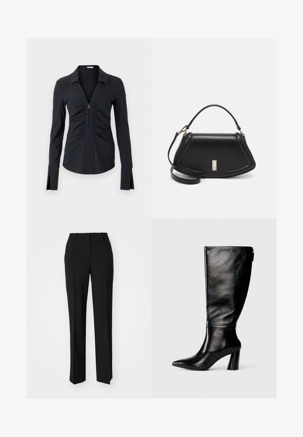 Maglietta nera a maniche lunghe con scollo a V profondo e design arricciato sul davanti. Presenta una chiusura con zip e polsini a spacco. Realizzata in tessuto morbido.; Pantaloni neri su misura con un design a gamba dritta, caratterizzati da una texture liscia e pieghe ben definite sul davanti. Senza hardware visibile.; Stivale in pelle nera, alto fino al ginocchio, con punta affusolata, superficie liscia e tacco spesso. Presenta un dettaglio con zip sul retro.; Borsa a mano in pelle nera con un design strutturato, caratterizzata da una forma corta, manico superiore e accessori in metallo dorato. Inclusa tracolla regolabile.