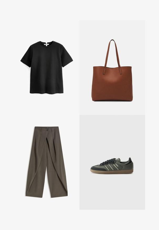 Tricou scurt negru, din bumbac. Gât rotund cu o margine dreaptă și fără modele sau grafice vizibile. Textură moale și netedă.; Pantaloni largi confecționați dintr-un material texturat, de culoare gri închis. Au un pliu frontal, închidere cu nasture și buzunare laterale pentru confort.; adidas Originals SAMBA OG - Sneakers low - core black/legend earth/gum; Geantă de umăr din piele maro cu o textură netedă, design cu vârf deschis și două curele pentru umăr. Prezintă cusături minime și fără componente metalice vizibile.