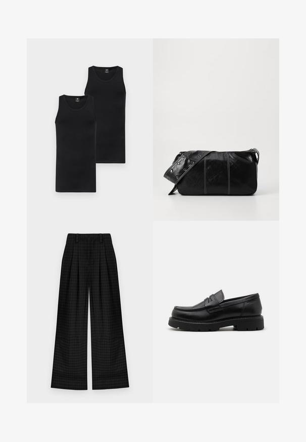 Kaksi mustaa hihattomaa puseroa; istuva malli, pyöreä pääntie, sileä pinta, joustavaa kangasta; molemmissa on huomaamaton tuotemerkki logo edessä.; Mustat ruudulliset leveät housut, joissa on laskokset, sileä rakenne ja klassinen muotoilu. Kevyt kangas mukavuutta varten.; Musta nahkakengät, joissa on pyöreä kärki, teksturoidut yksityiskohdat etuosassa ja paksu kumipohja, jossa on uria pitoa varten.; Mustakulmainen nahkainen olkalaukku, jossa on vetoketjukiinnitys, teksturoitu pinta, valkoiset ompeleet ja hihna, jossa on hopeiset niitit.