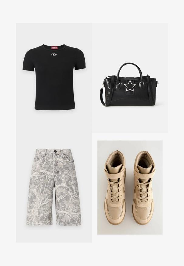 Juoda ribuota trumpomis rankovėmis palaidinė su apvalia iškirpte ir mažyte sidabrine logotipu priekyje centre.; Kamufliažo raštuotų džinsinių šortų pilkieji ir smėliniai atspalviai, turintys klasikinį penkių kišenių dizainą ir metalinį mygtuką.; Bežiniai aukšti sportbačiai su tekstūruota suede ir odos viršumi, su raištelių uždarymu, kabliuko ir kilpos dirželiu, bei guminiu padu.; Juodas rankinės gaminys iš dirbtinės odos su sidabro spalvos žvaigždės akcentu, dviem rankenomis ir reguliuojamu peties diržu.