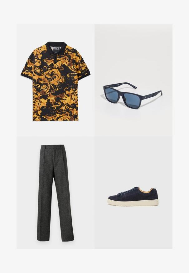 Svart polo skjorte med et livlig gult og brunt svirrende blomstermønster, med klassisk krage og tre knapper.; Grå skreddersydde bukser laget av teksturert stoff, med to frontpleater og rette ben. Ingen synlige lommer eller dekorasjoner.; Marineblå semsket lav sneaker med rund tå, off-white gummisåle og matchende snørebånd; har en kontrasterende tan indvendig foring.; Blå rektangulære solbriller med mørke linser, matt marineblå ramme, logo-detajler på stengene, rette armer og en solid, glatt tekstur.