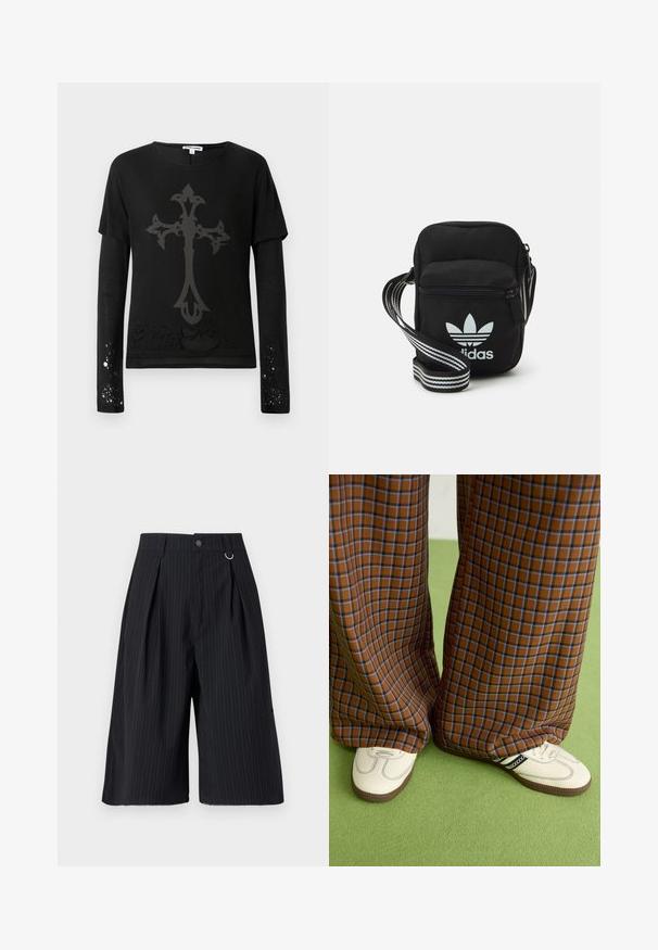 Black long-sleeve shirt with short-sleeve overlay, featuring a large gray cross design and distressed accents near the hem and sleeves.; Black pinstripe shorts with pleats, a button closure, and a metal ring accent. Smooth fabric with a tailored fit and knee-length design.; Brown and blue plaid wide-leg trousers paired with white shoes featuring black accents and textured soles, set against a green background.; Black fabric crossbody bag with a zipper closure, featuring a white Adidas logo and a striped adjustable strap for easy carrying.