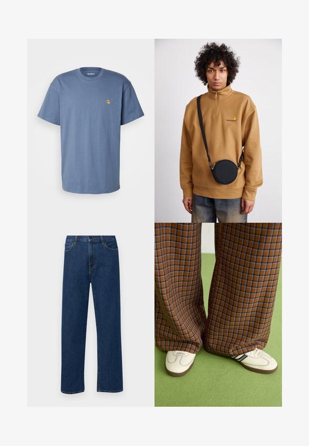 Carhartt WIP CHASE - T-shirts - positano/gold; Mørkeblå rette jeans i denim med frontlommer og knappelukking, vist på en enkel hvit bakgrunn.; Brune og blå rutete vide bukser sammen med hvite sko med svarte detaljer og teksturerte såler, satt mot en grønn bakgrunn.; Brun kvart-zip fleece genser med brodert logo, med en svart rund crossbody bag med glidelås og logodetalj, båret over denim.