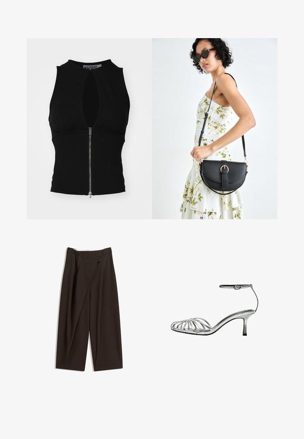 Weekday IRMA ZIP SLEEVELESS - Top - black; Pantaloni largi de culoare maron închis, cu talie înaltă, având închiere cu un singur nasture și un față pliată. Confectionați dintr-un material ușor.; Sandale argintii cu barete, cu un toc mic, prezentând mai multe barete împletite, o bandă pentru glezna cu cataramă și o textură netedă, strălucitoare.; Geantă din piele neagră, cu o formă curbată, curea detașabilă și accesorii aurii. Geanta are un capac cu un detaliu tip cataramă.