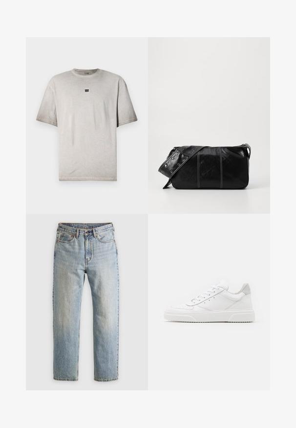 Grå bomullströja med rund hals, korta ärmar och en liten svart logga på bröstet. Slät textur, avslappnad passform och minimalistisk design.; Ljusblå denimjeans med hög midja, framknäppning, dragkedja och femficksdesign, placerade platt på en neutral bakgrund.; Vita lädersneakers med en slät yta, rund tå, platta snören och en texturerad sula. Grå mockadetalj vid hälen.; Svart läder axelväska med dragkedjestängning, som har en texturerad yta, vit sömnad och ett bälte med silveröglor.