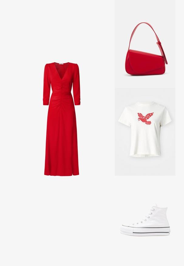 Valge lühikeste varrukatega T-särk punase graafikaga, mis kujutab lendavat linnu, mille moodustavad sõnad "ARMAS" ja "RAHUS" rinna piirkonnas.; Punane kleit V-kaelusega, kolmeveerandvarrukatega ja kokku tõmmatud detailidega vöökoha ja selja juures. Kangas näib olevat sile ja kerge.; Valge kõrgem kangast tenniseking, millel on must kummist tald, ees kummist varvasetugi ja kuus aukku paelte jaoks, pakkudes puhta ja minimalistliku disaini.; Punane nahast käekott, millel on nurkadega geomeetriline disain. Omab ühte reguleeritavat rihma ja klappidega sulgemist, millel on õmblustega kaunistused.