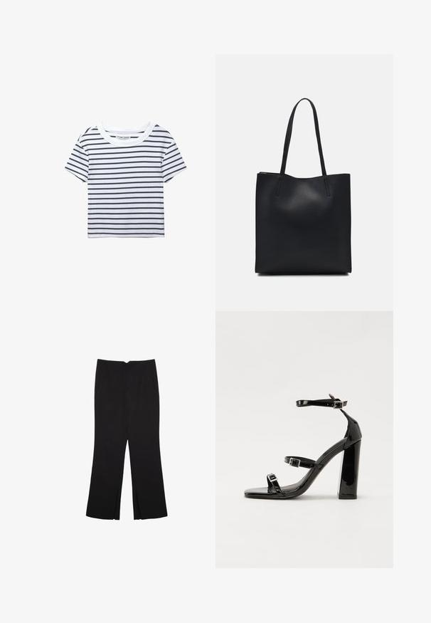 Vit kortärmad t-shirt med marinblå horisontella ränder, med rund halsringning och en mjuk, ribbad textur.; Svarta byxor med rak passform, utrustade med framfickor och sidoklyvningar vid fållen. Tillverkade av mjukt, slätt tyg. Lämpliga för olika tillfällen.; Svarta lackerade klacksandaler med fyrkantig tå, ankelremmar och silverfärgade spännen. Har en kraftig blockklack för stabilitet.; Svart lädertoffelväska med slät textur, rektangulär form och två långa handtag. Ingen synlig hårdvara eller dekorationer.