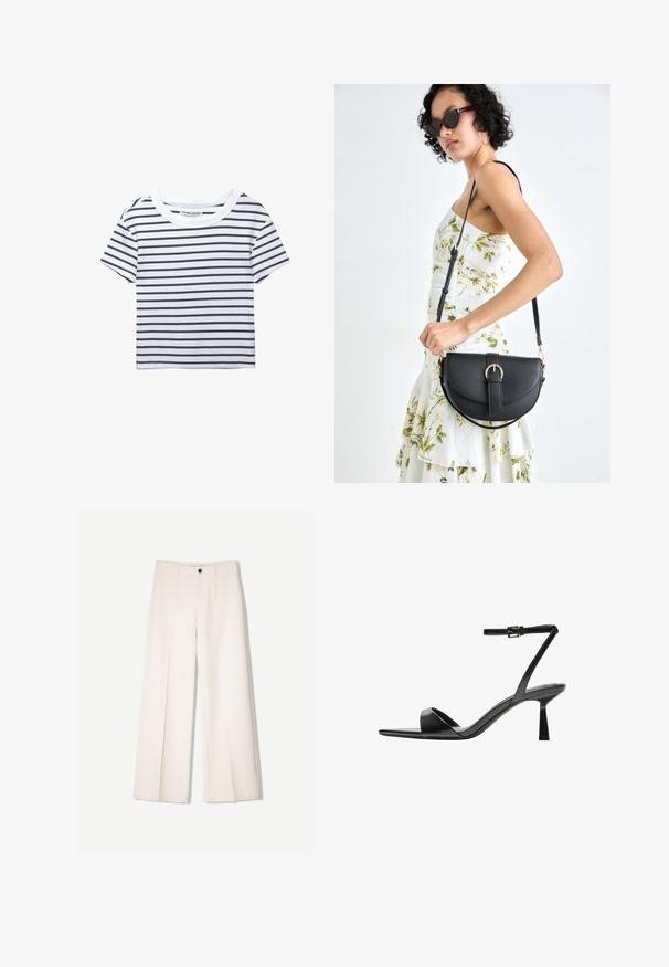 Hvid kortærmet t-shirt med marineblå vandrette striber, med rund halsudskæring og en blød, ribbet tekstur.; Cremefarvede bukser med bred benvidde og skræddersyet design, der har to forlommer og en enkelt frontknaplukning, lavet af et glat stof.; Bershka Højhælede sandaletter / Højhælede sandaler - black; Sort læderhåndtaske med en buet form, aftagelig rem og guldfinish. Tasken har en klap med en spænde detalje.