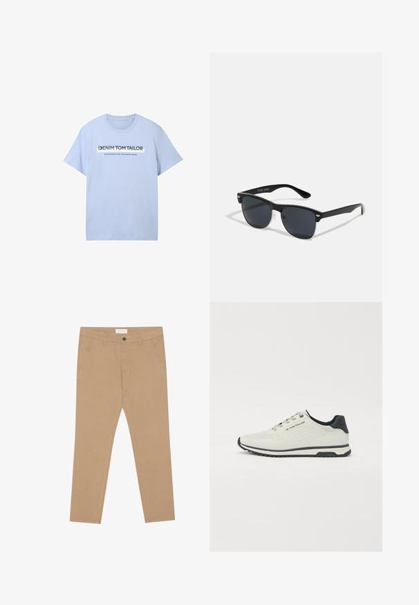 Lys blå bomull t-skjorte med korte ermer og rund hals. Grafikk på forsiden inkluderer "DENIM TOM TAILOR" og "etablert to tusen syv."; Khaki chinos laget av en bomullsblanding, med flat front, to sidelommer og en baklomme. Lett stoff med en glatt tekstur.; Lys grå treningssko med perforert design, svarte detaljer, teksturert såle og snøresystem. Logo synlig på siden.; Sorte solbriller med rektangulær form, mørke linser, sølvfargede detaljer ved templene, og en matt finish på rammen.