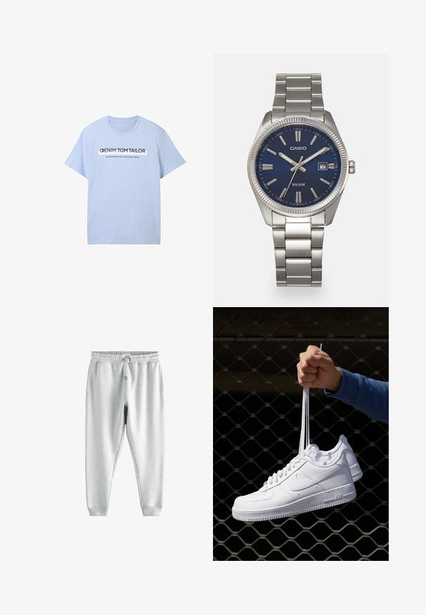 Hele sinine puuvillane T-särk, millel on lühikesed varrukad ja ümar kaelus. Eesmine graafika sisaldab tekste "DENIM TOM TAILOR" ja "asutatud kaks tuhat seitse."; Hallid hallid dressipüksid paelaga vöökoha, kahe küljetasku ja vormitud pahkluudega, valmistatud pehmest, tekstureeritud kangast.; Valged nahast tennisetossud, millel on perforatsioonid, ümar nina, lame tallus ja paksud nöörid, nähtava swooshi logoga ja "AIR" kontsadel.; Hõbedane roostevabast terasest käekell, tumesinise lõpliku, metallsete tuntud numbrite ja kuupäevanäidikuga kell 3 juures. Veekindel kuni 50 meetrit.