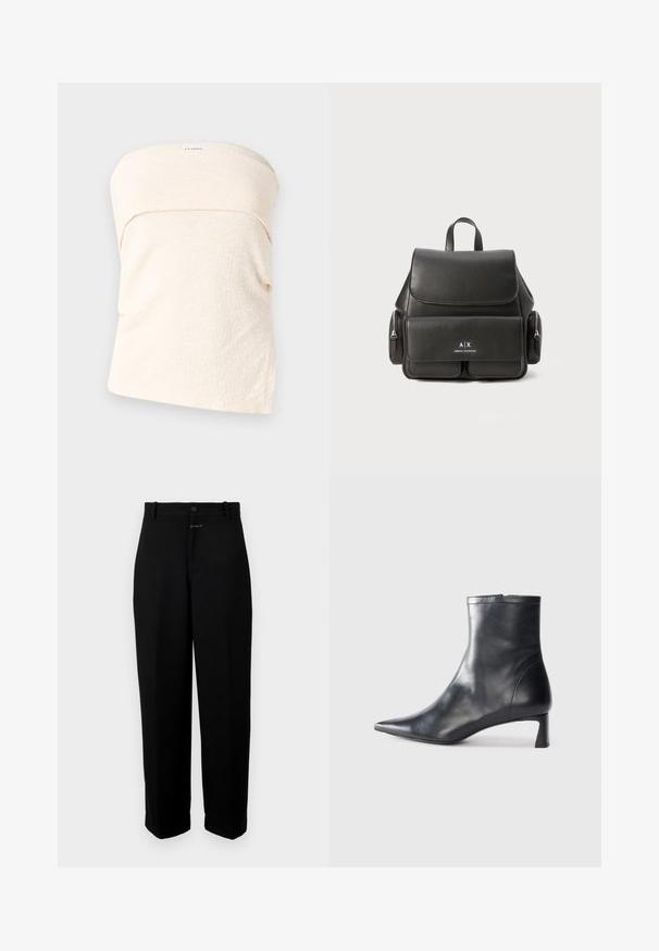 Gai pludmales krāsas strapless tops ar teksturētu audumu, veidots ar saliektu dizainu pie kakla un brīvu piegriezumu. Nav aizdare vai papildu detaļu.; Melni bikses, kas izgatavotas no gludas auduma, ar pogu aizdari, jostu cilpiņām un taisnajiem kāju griezumiem.; Melnas ādas potītes zābaki ar norādītu pirkstu un elegantu dizainu. Iezīmē zemu papēdi un rāvējslēdzēja aizdari aizmugurē. Gluda tekstūra.; Melna ādas mugursoma ar atloku aizdari, priekšējo kabatu, sānu rāvējslēdzēju nodalījumus un augšējo rokturi. Iezīmēta ar logo detaļām priekšpusē.