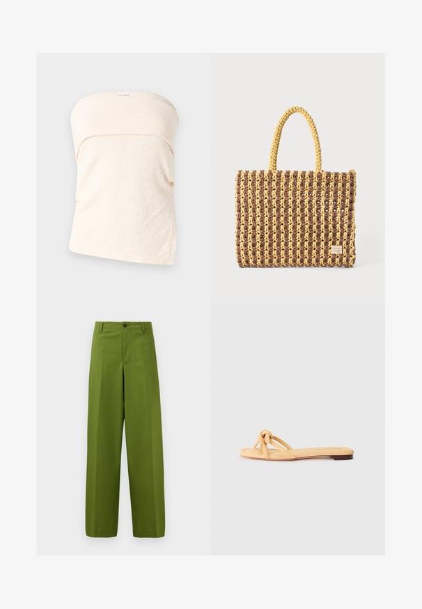 Lys beige strapless topp i teksturert stoff, med et brettet design ved utringningen og en løs passform. Ingen lukking eller tillegg detaljer.; Grønne vide bukser laget av glatt stoff. Har en enkelt knapp i front og et flatt design foran.; Gule vevde flate sandaler med to krysset stropper, en knyttedetalj foran og en lav, brun såle.; Vevd pose i brunt og gult, med rektangulær form, to håndtak, og en strukturert overflate med synlige sting og en merke-tag.