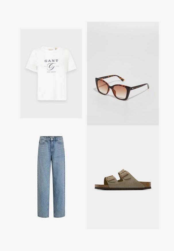 Bela bombažna majica s kratkimi rokavi, na kateri je grafični tekst v mornarsko modri barvi z napisom "GANT," "EST. 1949" in "NEW HAVEN."; Svijetloplave visokotalne traperice izrađene od denima. Imaju ravne nogavice, dizajn s pet džepova i prednje zatvaranje na dugme.; Svetlo taupe nubuk sandala z dvema nastavljivima trakama in rožnatim zlatim okovjem. Pluta v notranjosti na teksturiranem rjavem podplatu. Oblika z odprtim prstom.; Sončniki iz tortoiseshell z velikimi kvadratnimi lečami, s postopnim rjavim odtenkom in elegantnimi, sijočimi špikami z diskretnimi kovinskimi poudarki.; Zlatom pozlačen ogrlica z gladkim, ukrivljenim osrednjim poudarkom. Ima fleksibilno verigo z ježkom in dodatne prilagodljive verižice.