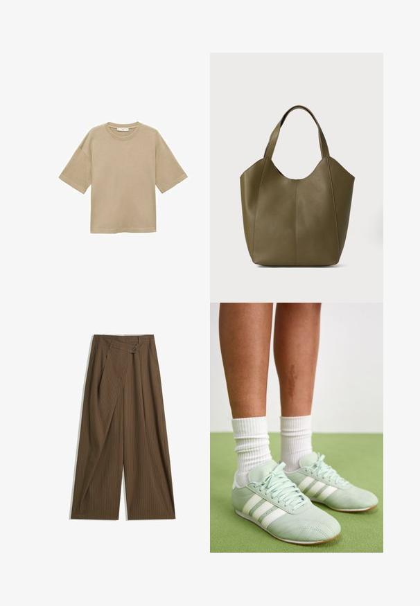 Tricou din bumbac bej, cu mâneci scurte, gât rotund și o croială lejeră. Textură netedă, fără modele sau detalii suplimentare.; Pantaloni largi maro cu dungi subțiri albe, talie înaltă, închidere cu buton frontal și panou suprapus de tip wrap.; Pantofi sport mint cu dungi albe, textură de piele netedă, vârf rotunjit și talpă din cauciuc, asortați cu șosete albe cu model în relief.; Geantă tote din piele verde măslinie cu două mânere, textură netedă și design din patru panouri. Cusături întărite pe margini pentru durabilitate.