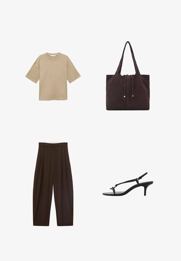 Tricou din bumbac bej, cu mâneci scurte, gât rotund și o croială lejeră. Textură netedă, fără modele sau detalii suplimentare.; Pantaloni maronii cu talie înaltă, cu pliuri, confecționați dintr-un material neted. Croi lejer, model cu picior drept, având bucle pentru curea și închidere cu fermoar.; Sandal cu toc kitten din piele neagră, cu curele subțiri, cataramă aurie și buclă minimalistă pentru degetele de la picioare, pe un fundal alb.; Mango Geantă de pânză - dark brown