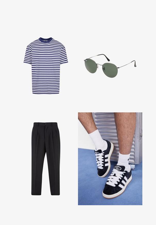 Trumpas rankovės marškinėliai su tamsiai mėlynomis ir baltomis horizontaliomis juostelėmis, apvalia iškirpte, laisvu siluetu ir minkšta medvilnės medžiaga.; Juodi kelnių su raukšlėtu priekiu dizainu, pagaminti iš lygaus audinio. Su mygtuko užsegimu ir diržo kilpomis; tiesios kojų formos.; Juodos zomšos sportbačiai su baltais raišteliais ir trimis baltais dryžiais. Ant liežuvėlio yra apvalus juodas logotipas, o pado medžiaga – guminė.; Metaliniai akiniai su ovaliais žaliais lęšiais. Plonas sidabro spalvos metalinis rėmas ir juodi ausų laikikliai. Minimalistinis dizainas, be matomų logotipų.