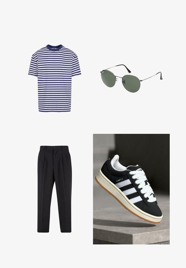 Trumpas rankovės marškinėliai su tamsiai mėlynomis ir baltomis horizontaliomis juostelėmis, apvalia iškirpte, laisvu siluetu ir minkšta medvilnės medžiaga.; Juodi kelnių su raukšlėtu priekiu dizainu, pagaminti iš lygaus audinio. Su mygtuko užsegimu ir diržo kilpomis; tiesios kojų formos.; Juodas sportbačis su baltais dryžiais, suvarstomas, tekstūruotas viršus ir guminis padas. Šone yra „CAMPUS“ logotipas ir gumos pado išorė.; Metaliniai akiniai su ovaliais žaliais lęšiais. Plonas sidabro spalvos metalinis rėmas ir juodi ausų laikikliai. Minimalistinis dizainas, be matomų logotipų.