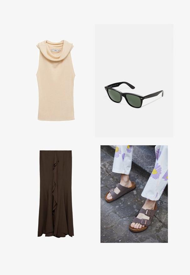 Beige sleeveless top with a cowl neckline, made from ribbed fabric. Features a smooth texture and a fitted silhouette.; Asymmetrical brown top in smooth fabric, with a single shoulder, a draped long sleeve, and a fringed hem detail.; Brown, floor-length skirt made of soft fabric with a central ruffle detail, featuring a clean, simple design and smooth texture.; Brown flat sandals with two wide straps and metal buckles; cork sole; textured footbed; worn with light-colored, floral-printed pants.; Black plastic sunglasses with green lenses, square frames, silver accent on the brow, and textured temple arms. Stated brand on inner arm.; Black synthetic handbag with a curved shape, silver chain strap, zip closure, and embossed brand logo on the front. Smooth texture.