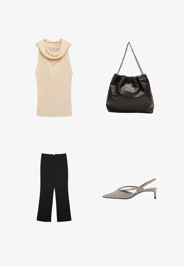 Béžový top bez rukávov s cowl výstrihom, vyrobený z rebrovaného materiálu. Vlastnosti hladkej textúry a priliehavého strihu.; Čierne nohavice so strihom rovného strihu, s prednými vreckami a bočnými rozparkami na leme. Vyrobené z mäkkej, hladkej tkaniny. Vhodné na rôzne príležitosti.; Béžové slingback podpätky s špicatou špičkou, tenkými kríženými páskmi a krátkym ihlovým podpätkom. Hladká tkanina so zlatými kovovými akcentmi.; Hnedá kožená taška so zberaným vrchom a reťazovým popruhom. Hladký povrch s lesklým finišom a jemným švom po stranách.