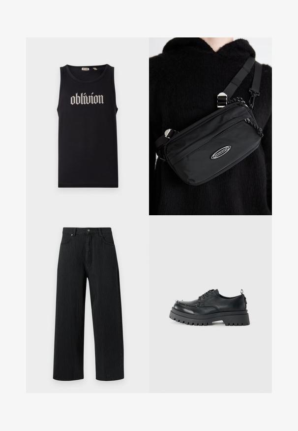 Top senza maniche nero in cotone, con una scritta in bianco in stile gotico "oblivion" centrata sulla parte frontale. Tessuto liscio e design senza maniche.; Pantaloni larghi a righe nere realizzati in cotone con una finitura testurizzata. Presentano tasche anteriori e una chiusura con bottone in vita.; Scarpa nera in pelle chunky con lacci, suola spessa e robusta e occhielli in metallo nell'area delle dita, fotografata su uno sfondo chiaro e uniforme.; Borsa a tracolla nera in nylon con tracolla regolabile, caratterizzata da una texture liscia, una tasca con zip frontale e un accento con logo.
