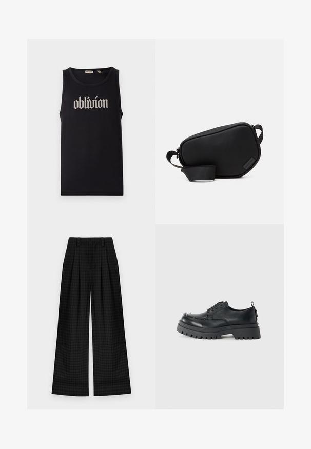 Black tank top made of cotton, featuring a bold white Gothic-style text "oblivion" centered on the front. Smooth texture, sleeveless design.; Black checkered wide-leg trousers with pleats, featuring a smooth texture and classic design. Lightweight fabric for comfort.; Black chunky leather lace-up shoe with thick rugged sole and metal eyelets on toe area, photographed against a plain light background.; Black, zippered crossbody bag made of smooth material, featuring a flat shape, a single strap, and a small logo accent. Minimalist design.