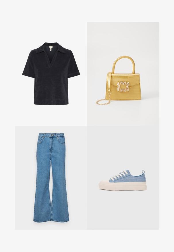 Part Two GIOVANNIPW TS - Polo majica - dark navy; Svijetloplave traperice s flared nogavicama, visokog struka, s pet džepova i jednim dugmetom za zatvaranje. Mekani materijal s izblijedjelim izgledom.; Svijetloplave platnene tenisice s kremastim gumenim vrhom i potplatom, koje imaju bijele vezice i petnu traku.; Žuta torbica od umjetnog krokodila sa strukturiranim dizajnom, gornjom ručkom, odvojivim lančićem i dekorativnim kristalnim ukrasom na kopči.