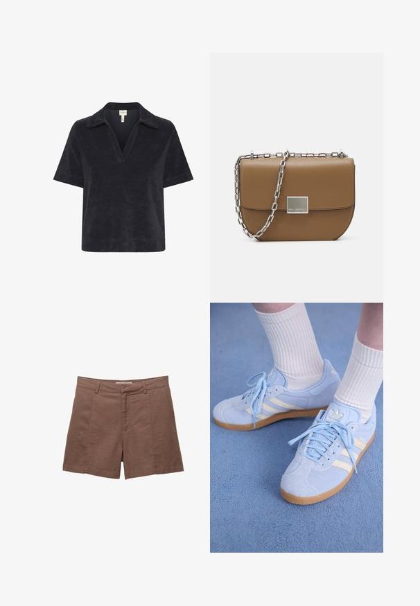 Part Two GIOVANNIPW TS - Pikeepaita - dark navy; Ruske linsene shorts med flat front, to frontlommene og en glatt tekstur. Har en skreddersydd passform og en rett kant nederst.; Vaaleansiniset nahkaiset lenkkarit, joissa on valkoiset raidat, litteät nauhat ja kumipohja. Raitalongat valkoiset sukat ovat käytössä nilkan yläpuolella.; Ruskea nahkainen olkalaukku, jossa on kaareva muoto, hopeinen ketjuolkaintuki ja neliönmuotoinen metallinen kiinnitysdetaili edessä.