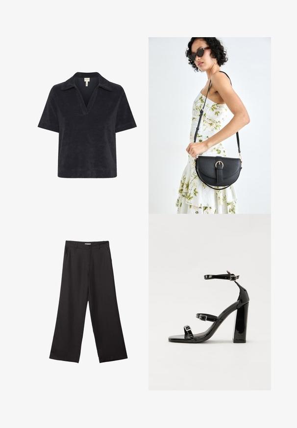 Part Two GIOVANNIPW TS - Polotričko - dark navy; Černé široké kalhoty vyrobené z hladké tkaniny, s předním zipem a dvěma bočními kapsami, s dobře padnoucím střihem a minimalistickým designem.; Černé lakované sandály na podpatku se čtveratou špičkou, lýtkovými pásky a stříbrnými přezkami. Disponují masivním blokovým podpatkem pro stabilitu.; Černá kožená kabelka s křivkovým tvarem, odnímatelným popruhem a zlatými detaily. Kabelka má klopu s přezkou.