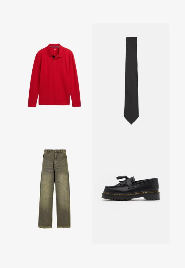 Punane pika varrukaga polo särk, millel on kaelus, tumesiniste detailidega ja väike logo rinnal. Valmistatud pehmest puuvillast materjalist.; Valge pika varrukaga puuvillane särk, millel on nööpidega krae, üks rinnatasku ja mugav lõige. Ees on väikesed nööbid.; Laiene säärega oliivrohelised teksad, millel on kaarjad õmbluste aktsentid, klassikaline nööpkinnitus ja pleekinud viimistlus.; Mustmust musta loafer, millel on frantsiisi aktsent, paks must tald ja kollane õmblus servas. Tekstuuriga viimistlus.; Siletiikide must lips, mis on valmistatud siledast kangast, omab kitsast ja piklikku kuju terava otsaga ning ilma nähtavate mustrite või aktsentideta.