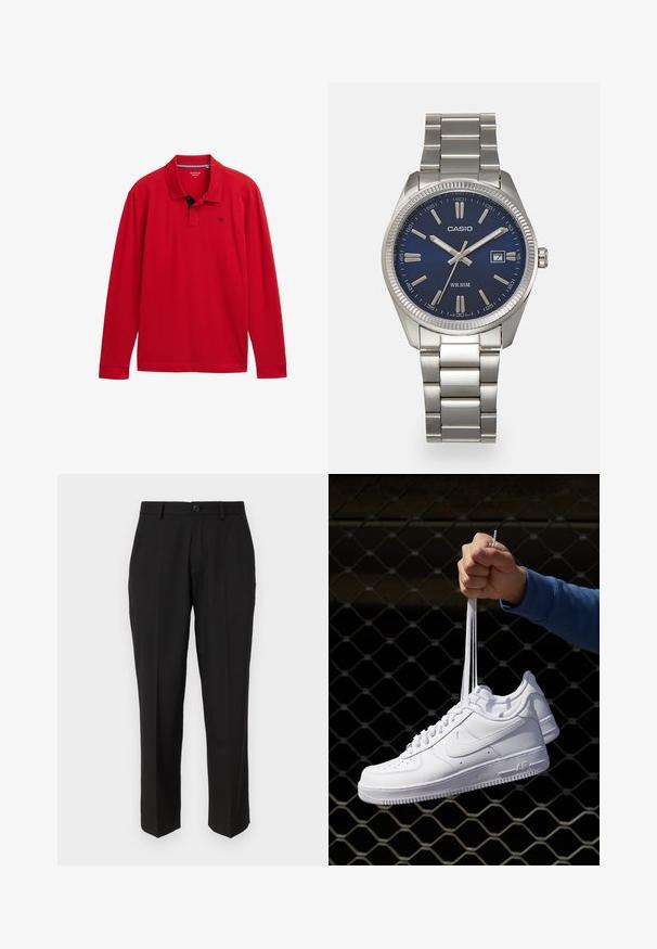 Czerwona koszulka polo z długim rękawem i kołnierzykiem, z granatowym akcentem i małym logo na piersi. Wykonana z miękkiego materiału bawełnianego.; Czarne spodnie z gładkiego materiału, o prostym kroju nogawki, z przednimi kieszeniami, pojedynczym zapięciem na guzik i bez widocznych wzorów.; Białe skórzane sneakersy z perforacjami, okrągłym noskiem, płaską podeszwą i grubymi sznurówkami, z widocznym logo swoosh i napisem „AIR” na pięcie.; Srebrny zegarek na stalowej bransolecie z niebieską tarczą, metalowymi indeksami godzinowymi oraz okienkiem daty na godzinie 3. Wodoodporny do 50 metrów.