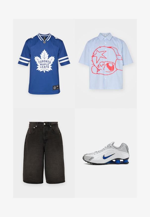 Blue hockey jersey featuring a large white maple leaf logo with "TORONTO MAPLE LEAFS" text. Stripe accents on sleeves, crew neckline.; Short-sleeve button-up shirt featuring light blue and white stripes, with a prominent red graphic design including a star and circular shapes.; Black denim shorts with a straight cut, featuring front pockets, a zip fly, and textured fabric with subtle creases. Silver hardware accents.; Nike running shoe featuring a white and gray upper, blue accents, perforated detailing, a cushioned sole, and a distinctive Shox spring system.