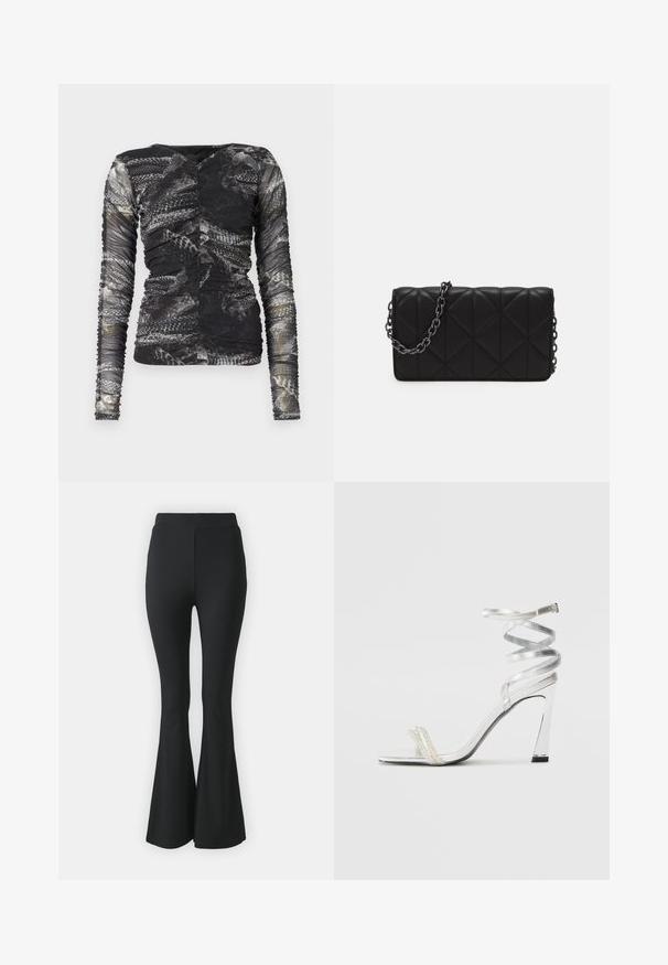 Langarmoberteil mit schwarzem und grauem Schlangenprint; aus einem strukturierten, dehnbaren Material mit gerafften Details an den Seiten.; Schwarze ausgestellte Hosen aus elastischem Stoff. Sie haben einen hohen Bund und ein glattes, eng anliegendes Design, das ab dem Knie nach unten ausgestellt ist.; Silberne High-Heel-Sandale mit einem glänzenden Riemen-Design, das einen perlenähnlichen Akzent und einen spiralförmigen Knöchelriemen für einen sicheren Sitz bietet.; Gepolsterte schwarze Handtasche mit einer glatten Lederoberfläche, ausgestattet mit einem Kettenriemen und geometrischen Rautenmuster auf der Oberfläche.